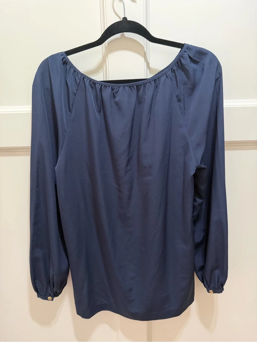 Tory Burch Navy Blue Long Sleeve Blouse Gold Logo Hardware Size L